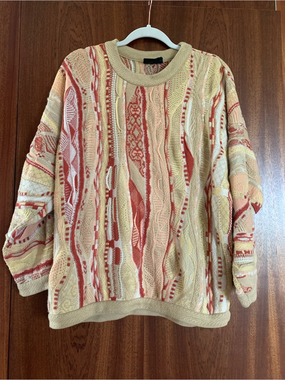 COOGI Multicolor Textured Crewneck Sweater in Butter yellow Cream and Rust